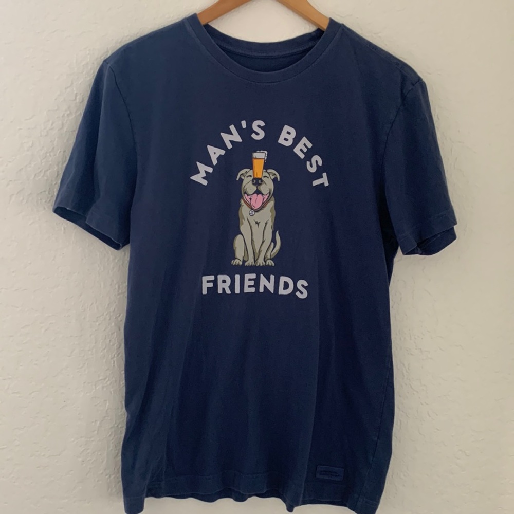 Life is Good T-Shirt Sz S "Man's Best Friends" Blue w/ Dog & Beer